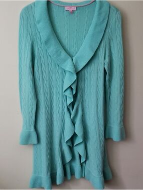Lilly Pulitzer 100% Cashmere Aqua Ruffle-Front Cable Knit Cardigan